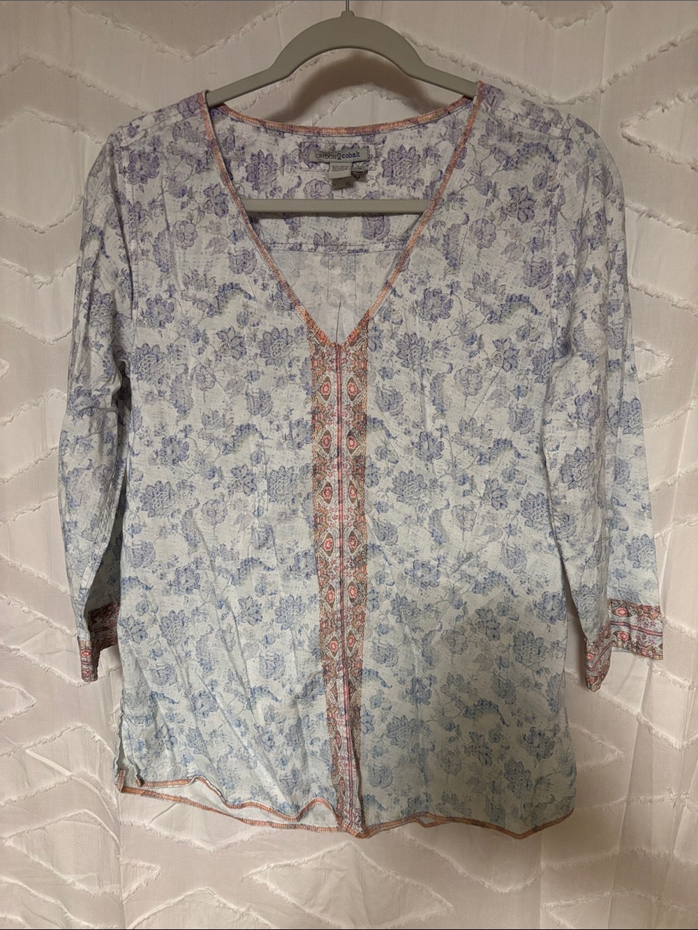 Carbon 2 Cobalt Light Blue Floral V-Neck Tunic with Coral Trim